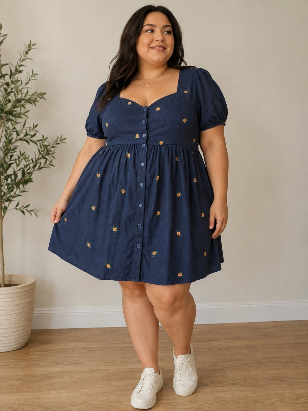 ARULA Navy Puff-Sleeve Button-Front Mini Dress with Embroidered Yellow Flowers